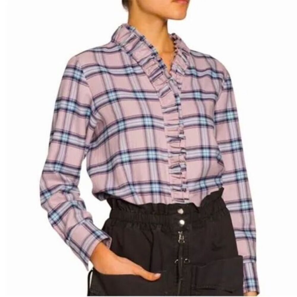 Isabel Marant Etoile Awendy Plaid Ruffle Button Down Flannel Shirt